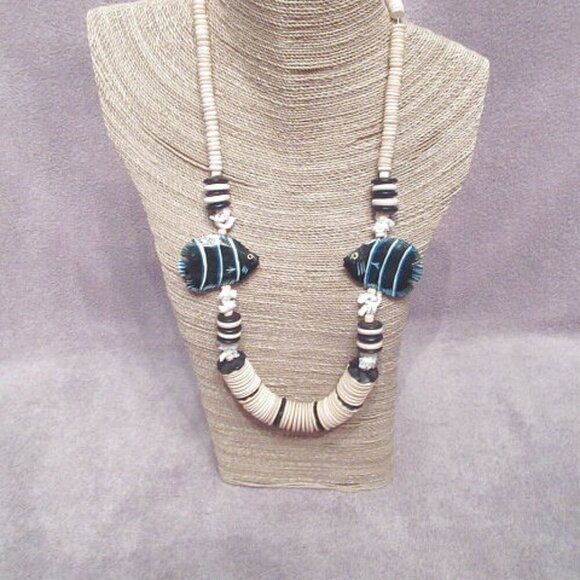 70's Retro Puka Shell Necklace Angel Fish Hawaiian Wood Carved Painted Tropical